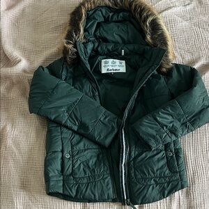 Barbour Kids Dark Green Puffer Coat with removable Faux Fur Trim hood